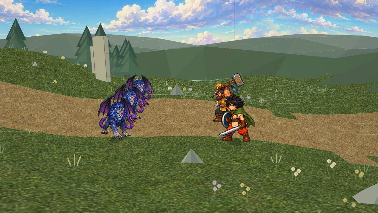 A side camera view shows sprite heroes and chimera enemies standing on a textured three-dimensional battlefield.