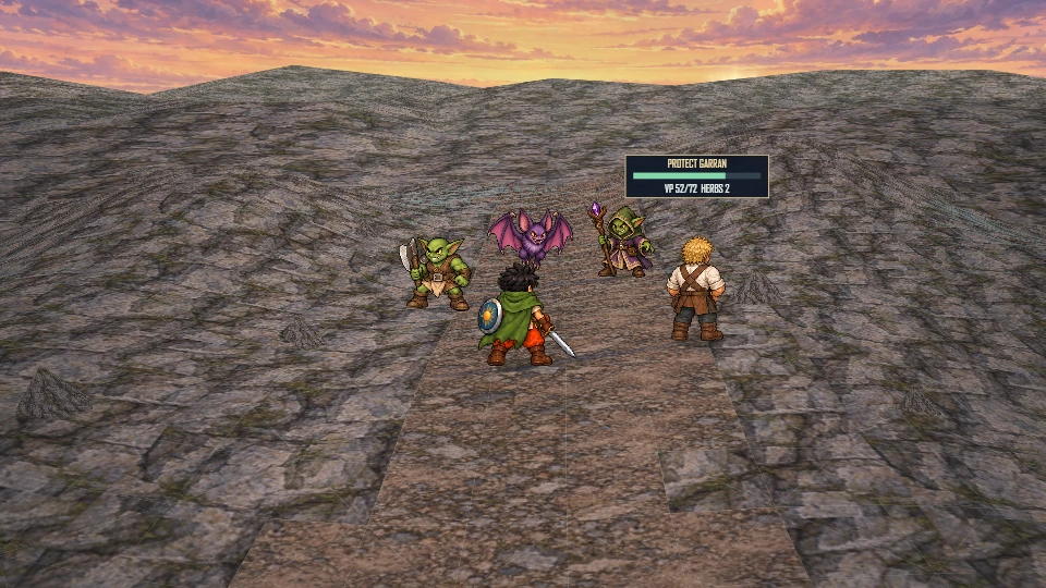 Aren protects Garran from three monsters on a rocky mountain battlefield at dawn.