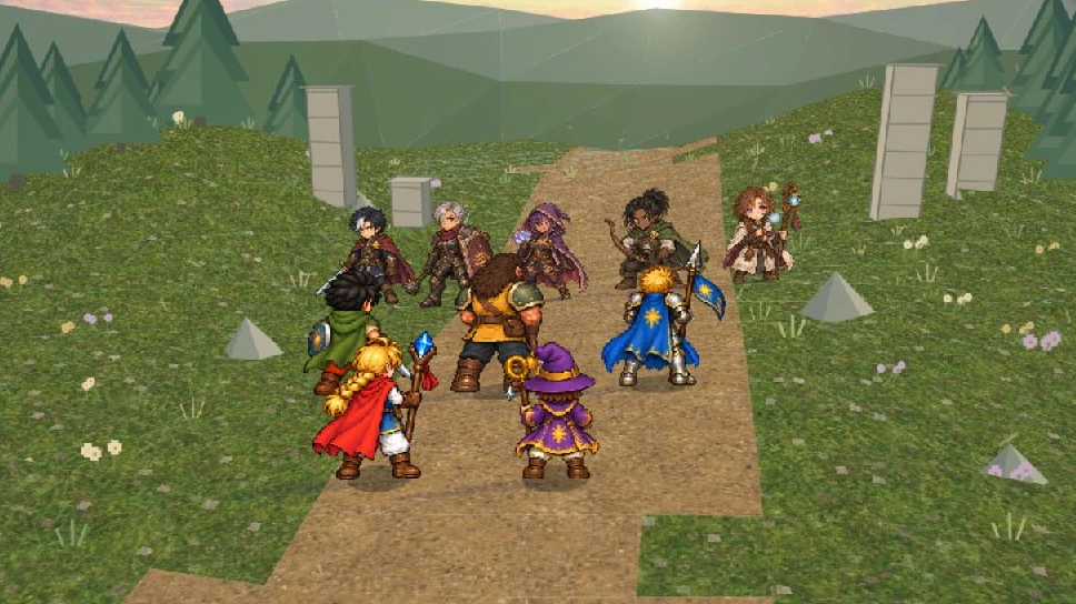 The five Vision Eyes rivals face Aren's five-person party on the Old Road battlefield.